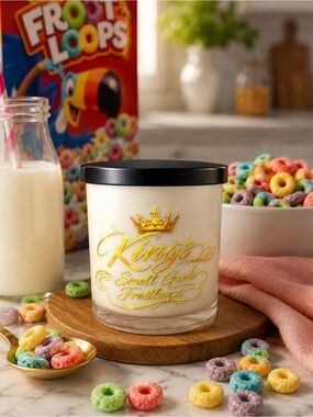 Kings Smell Goods Fruiloops Scented Candle - White with Gold Lettering